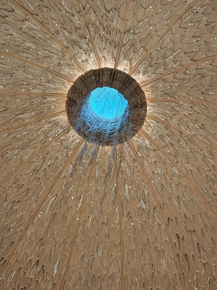 Blauwe lucht zichtbaar door een opening in een majestueus gebouw